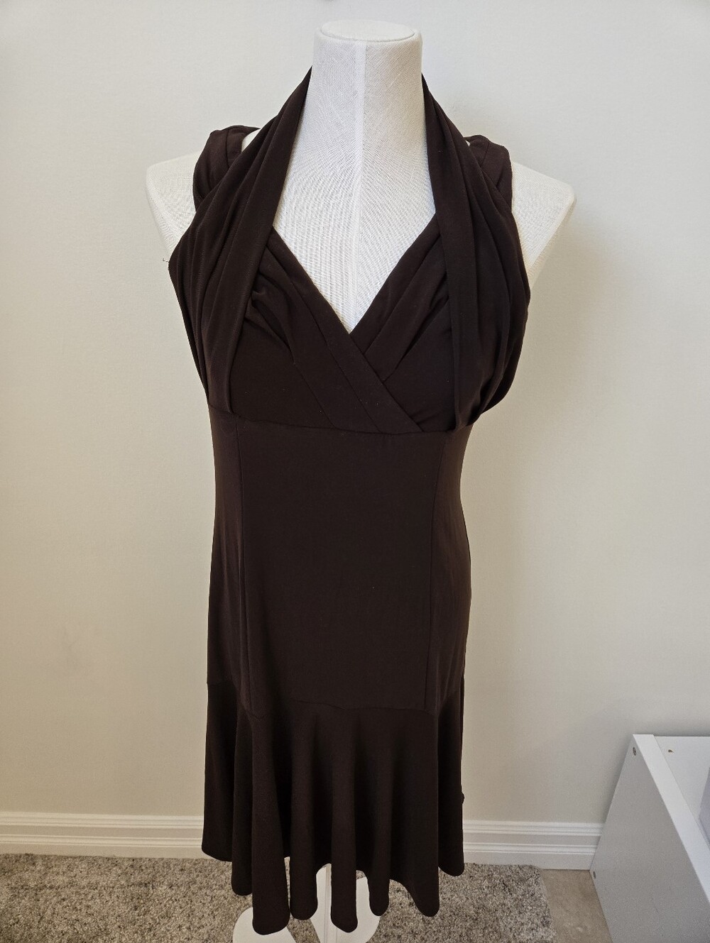 Joseph Ribkoff Brown Draped Halter Dress Size 8 Sleeveless Midi Cocktail